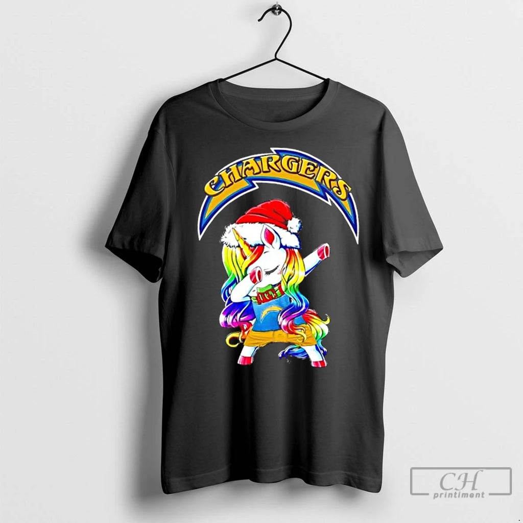 Premium Los Angeles Chargers X Unicorn Santa Hat Dabbing Merry Christmas Shirt Hoodie Sweatshirt | PurePodTees.com