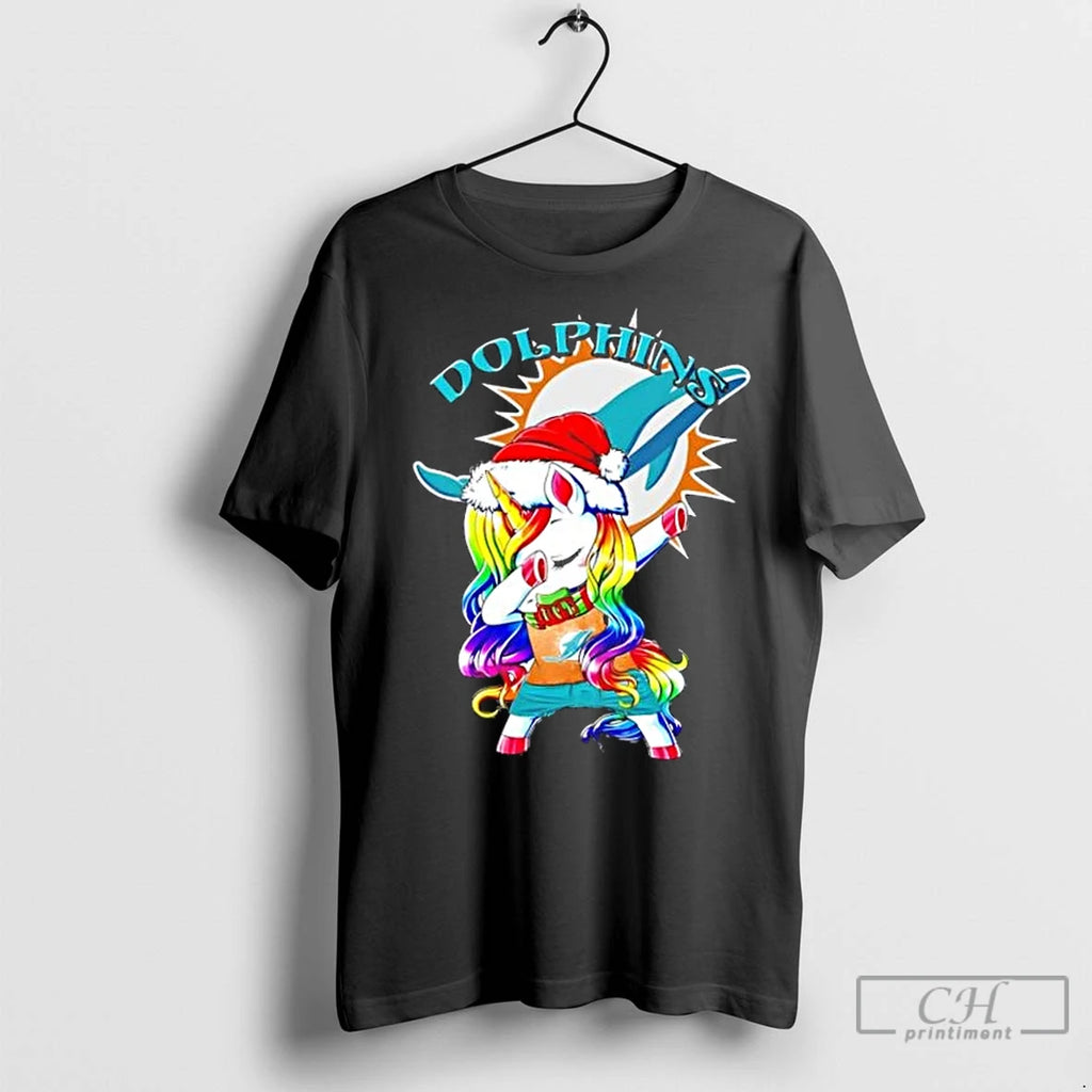 Premium Miami Dolphins X Unicorn Santa Hat Dabbing Merry Christmas Shirt Hoodie Sweatshirt | PurePodTees.com