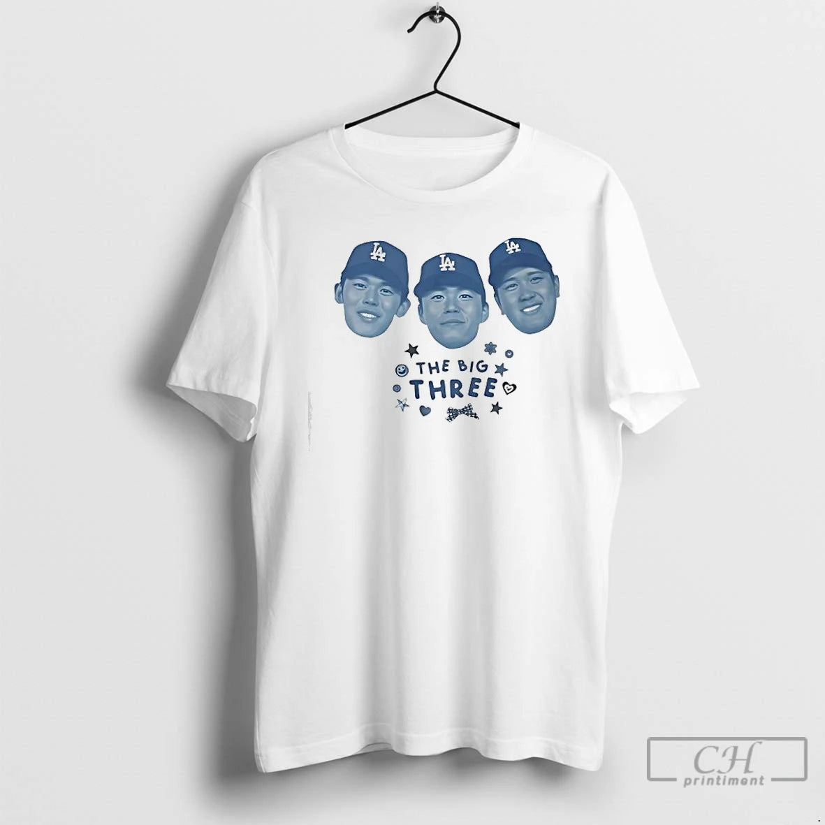 Premium Ohtani Yamamoto Sasaki The Big Three Face Players La T Shirts Hoodie Sweatshirt | PurePodTees.com