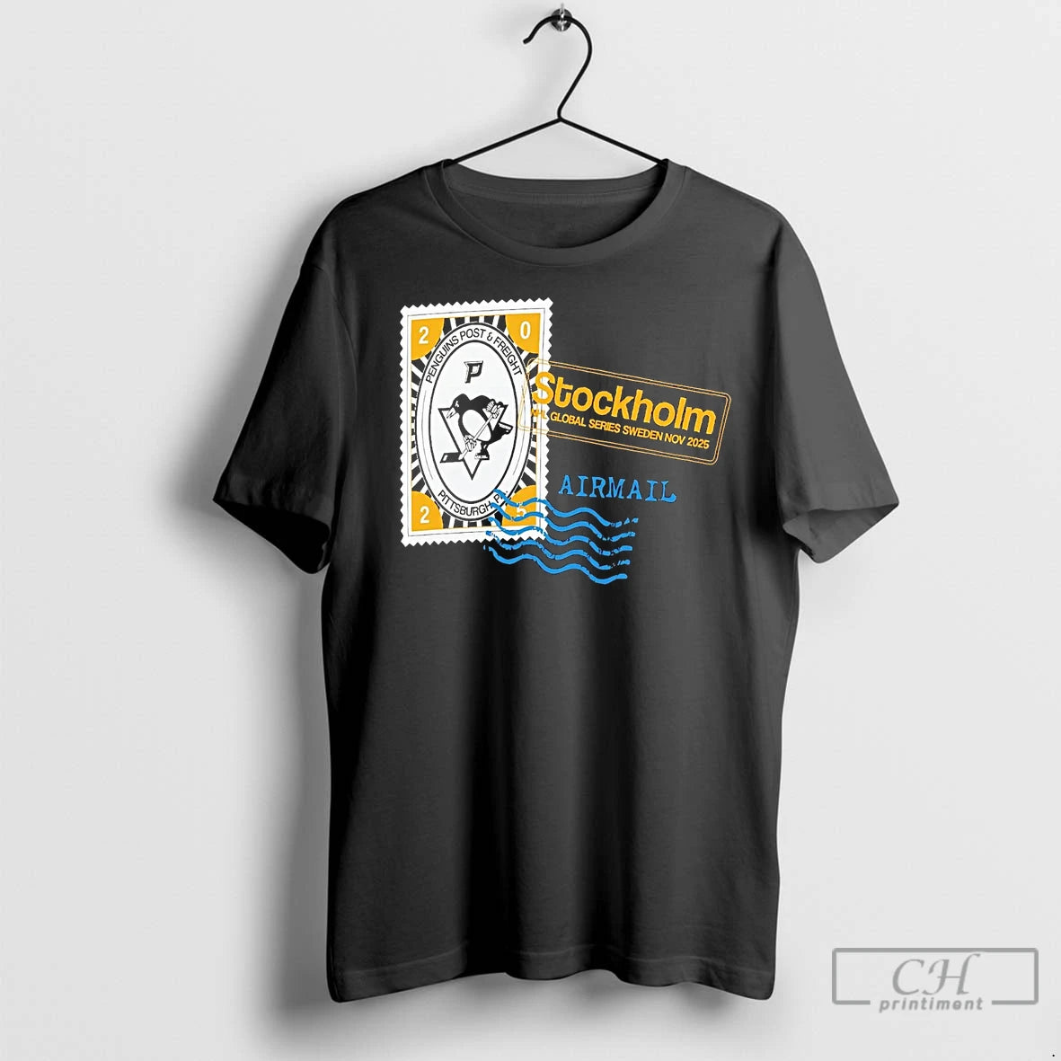 Premium Pittsburgh Penguins 2025 Hometown To Stockholm Airmail Stamp Shirt Hoodie Sweatshirt | PurePodTees.com