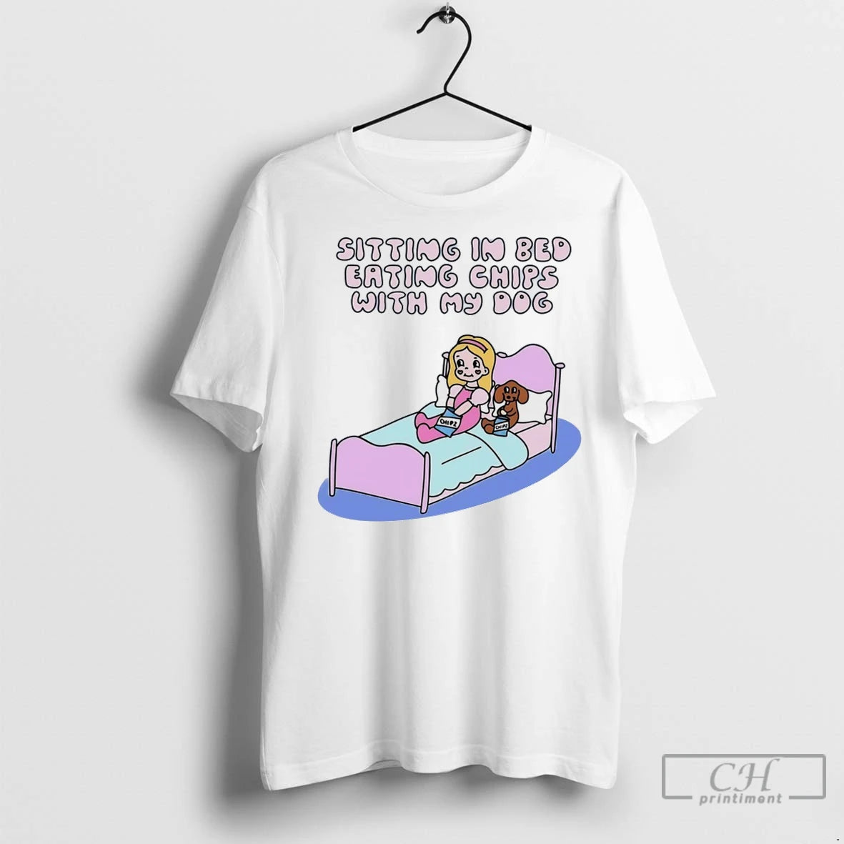 Premium Sitting In Bed Eating Chips With My Dog Shirt Hoodie Sweatshirt | PurePodTees.com