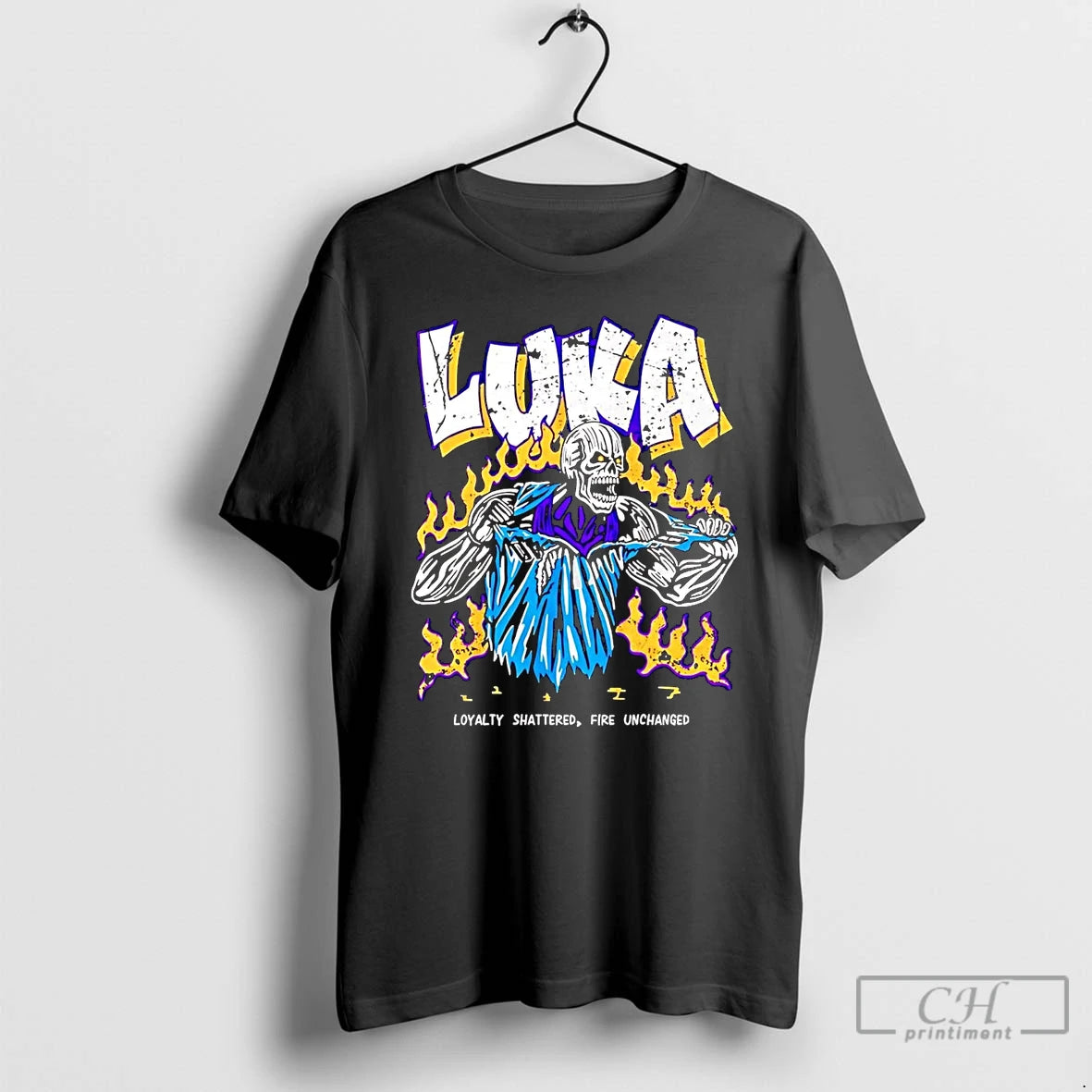 Premium Skeleton Luka Doncic Loyalty Shattered Fire Unchanged T Shirts Hoodie Sweatshirt | PurePodTees.com