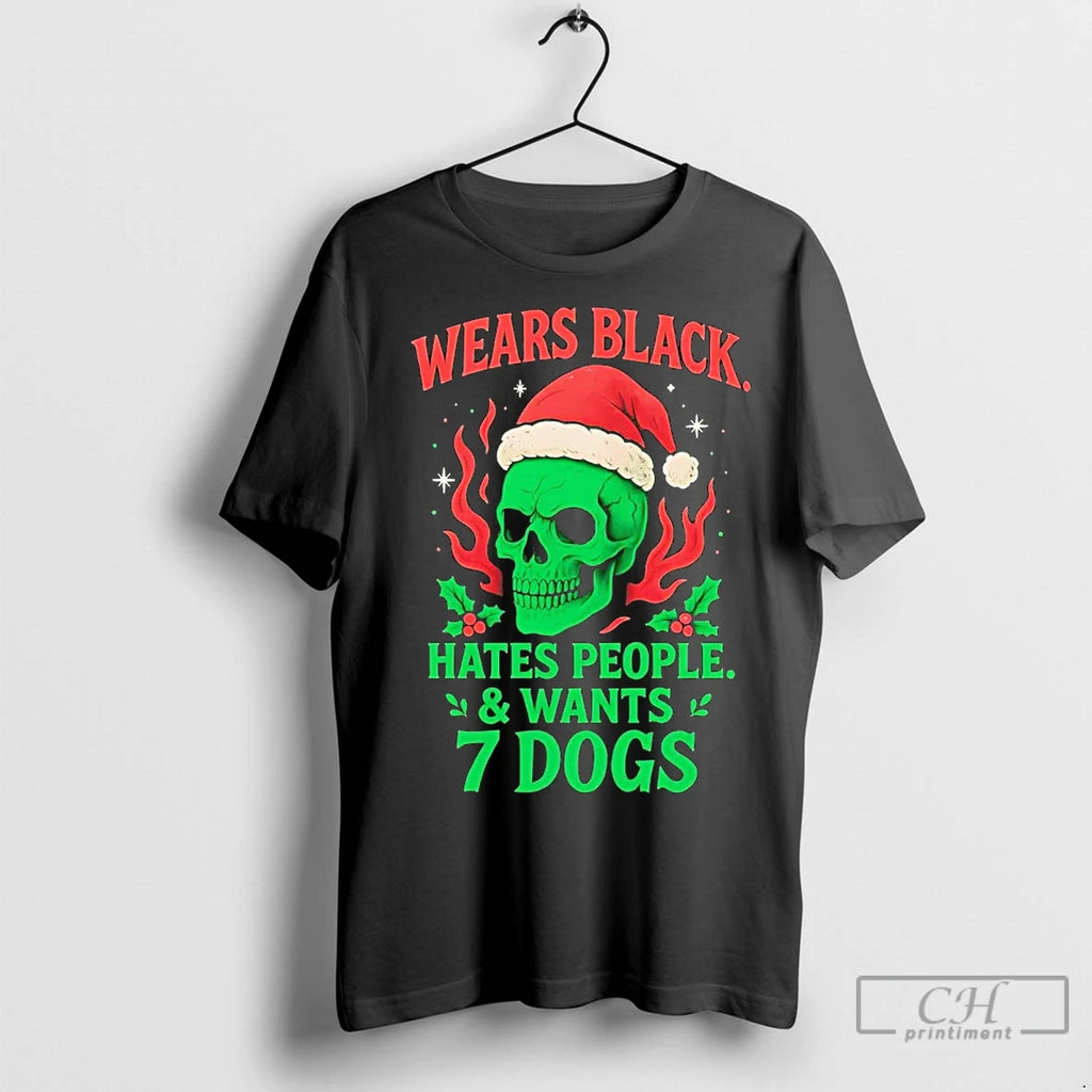Premium Skull Wears Black Hates People And Wants 7 Dogs Christmas Shirt Hoodie Sweatshirt | PurePodTees.com
