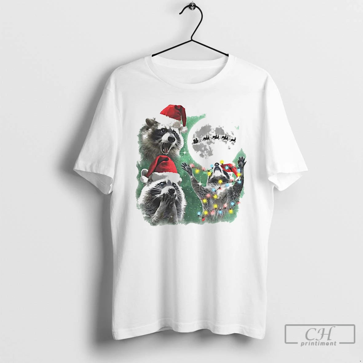 Premium Three Raccoons With The Lamp String Under Moon Christmas Shirt Hoodie Sweatshirt | PurePodTees.com