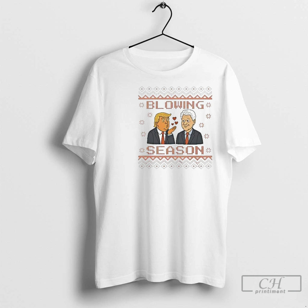 Premium Trump And Bill Clinton Blowing Season Political Christmas 2025 Circle White Shirt Hoodie Sweatshirt | PurePodTees.com