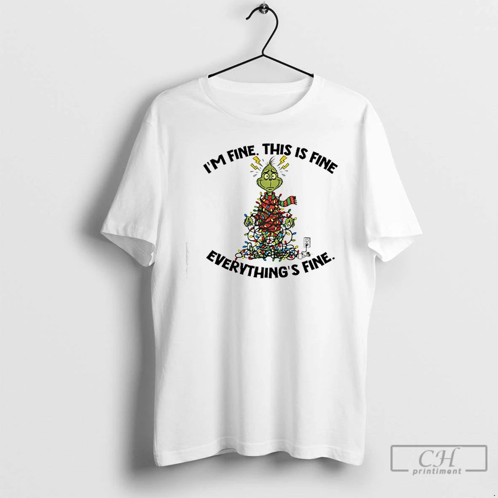 Premium Xmas Grinch X Christmas Lights Im Fine This Is Fine Everythings Fine T Shirts Hoodie Sweatshirt | PurePodTees.com