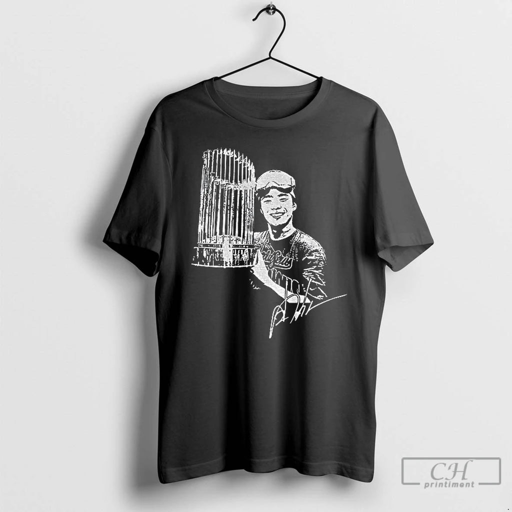 Premium Yoshinobu Yamamoto Champions Celebration Holding Cup Los Angeles Dodgers Mlb Player Signature T Shirts Hoodie...