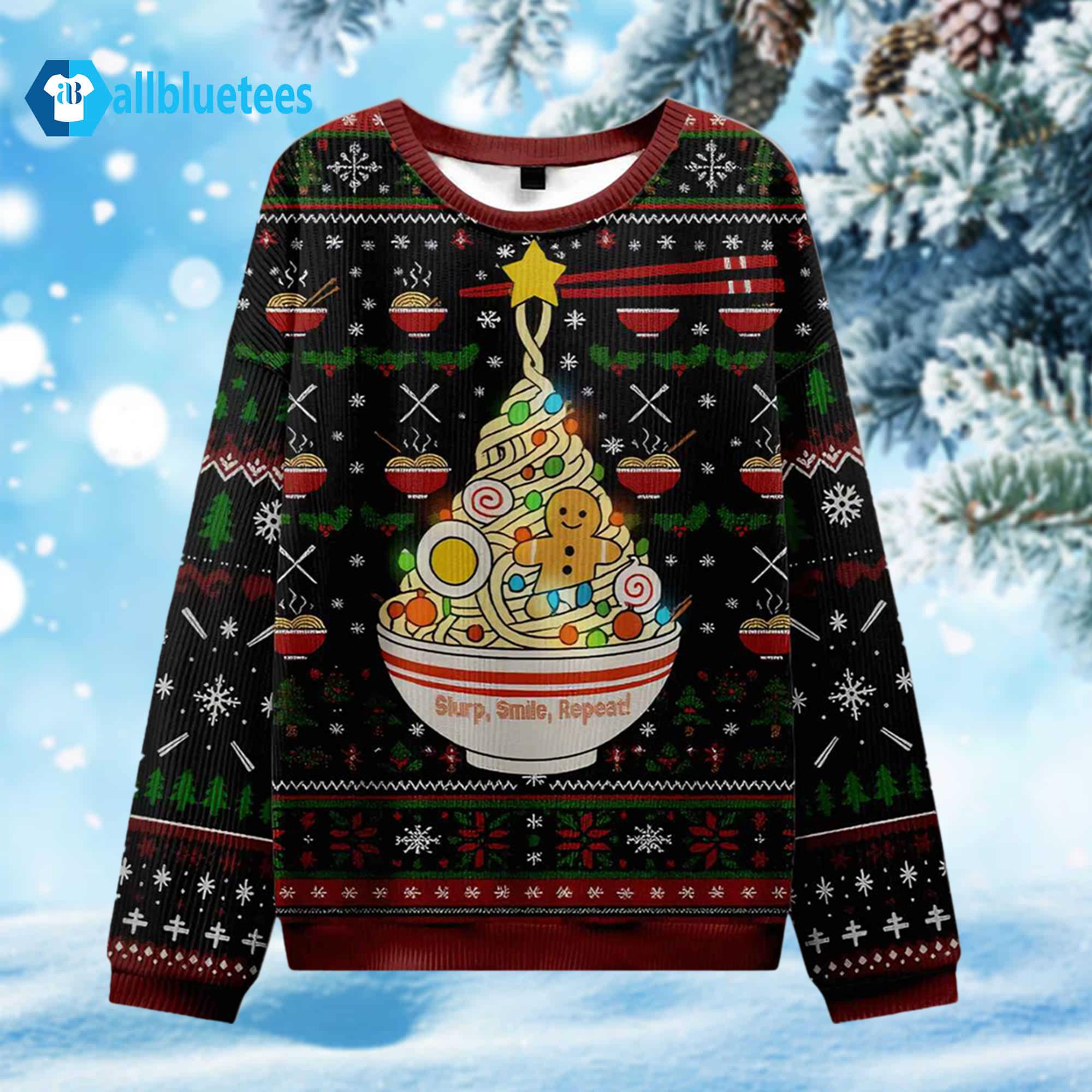Ramen Christmas Tree Slurp Smile Repeat Ugly Christmas Sweater