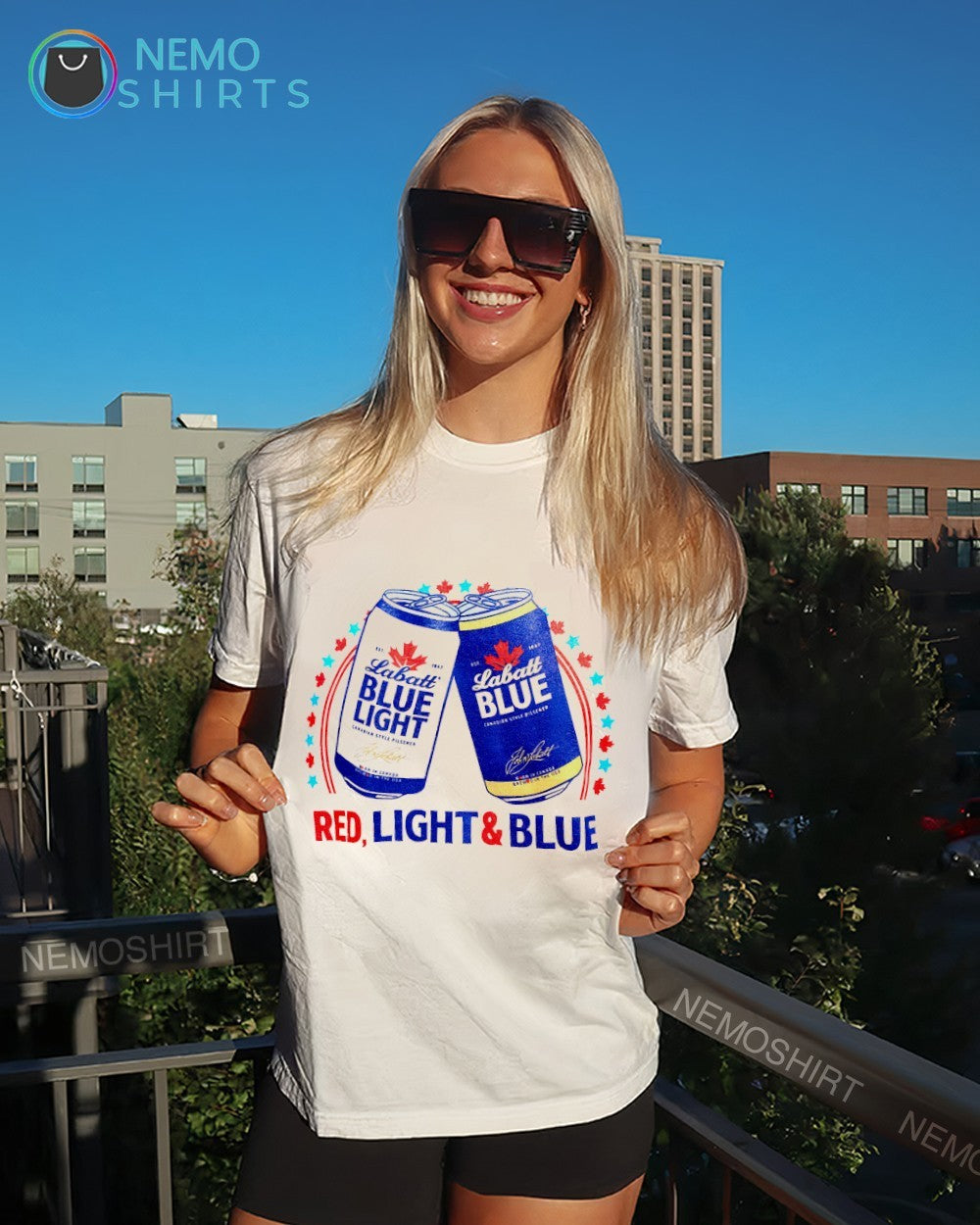 Red light blue Labatt Blue Light beer shirt