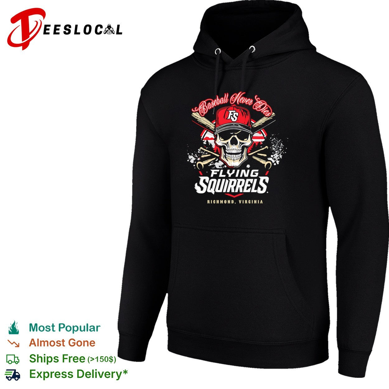 Richmond Flying Squirrels baseball never dies Virginia skull shirt