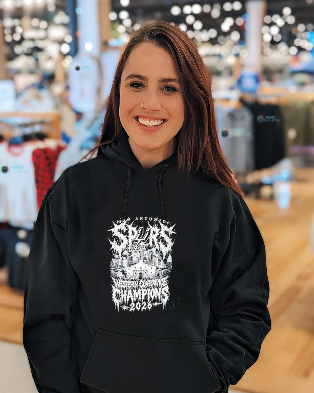 San Antonio Spurs Western Conference Champions 2026 city skyline and Alamo shirt