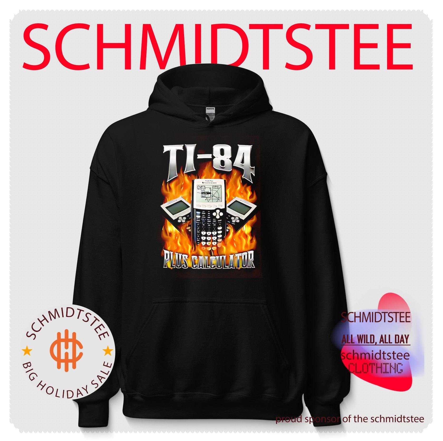 TI-84 Plus calculator with flaming calculator graphic shirt