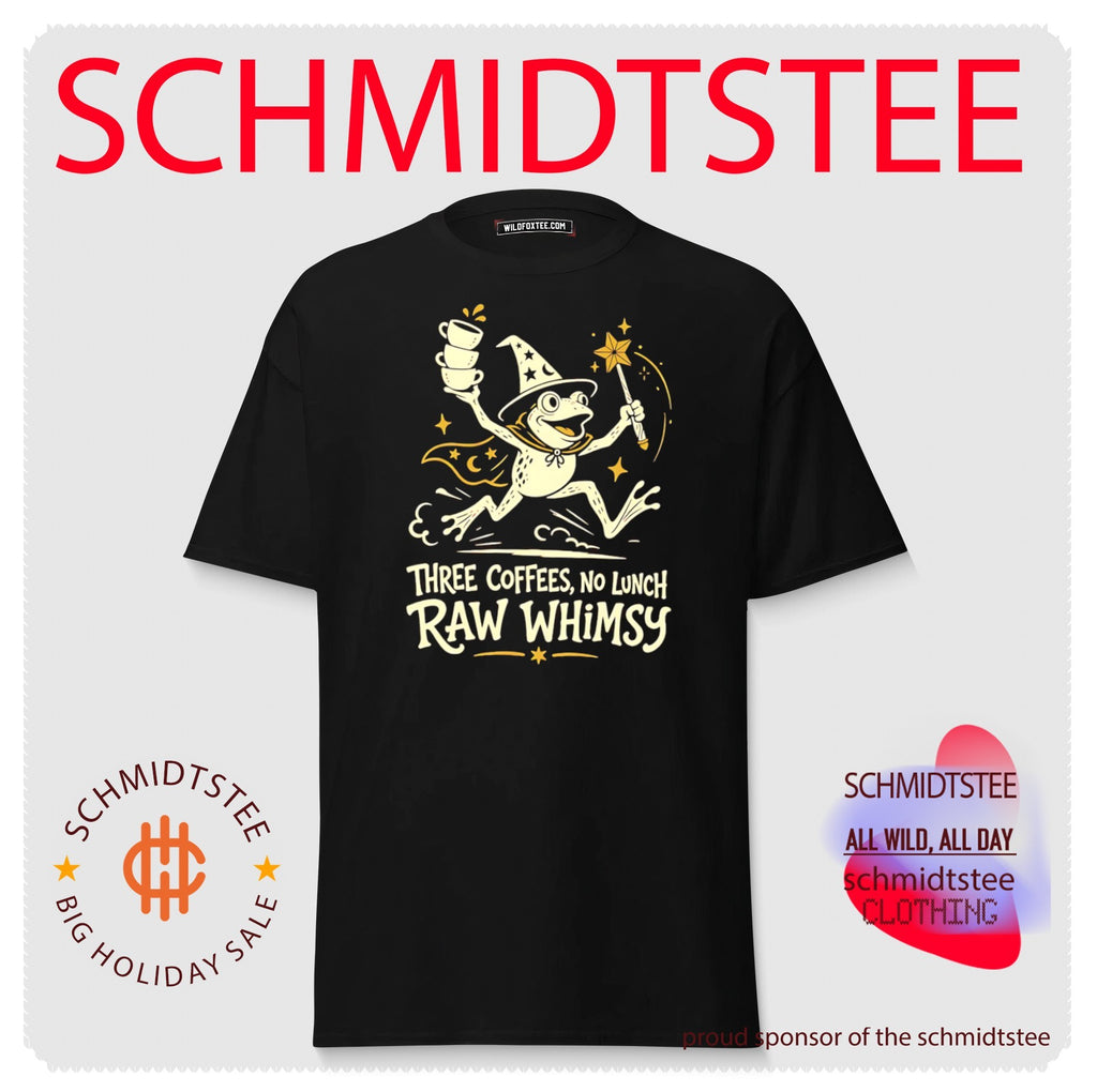 Three coffees no lunch raw whimsy frog wizard shirt