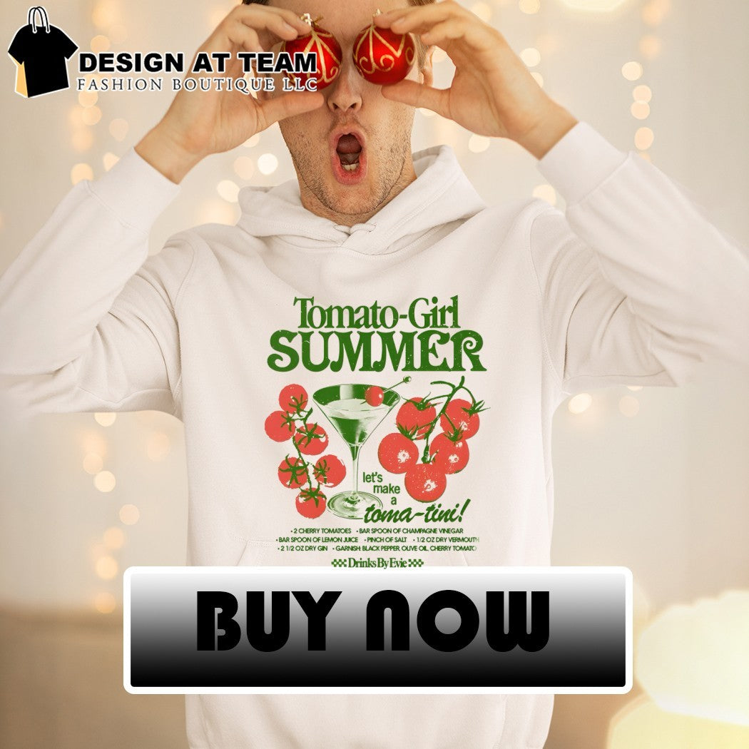 Tomato girl summer let’s make toma-tini 2 cherry tomatoes bar spoon of champagne vinegar shirt