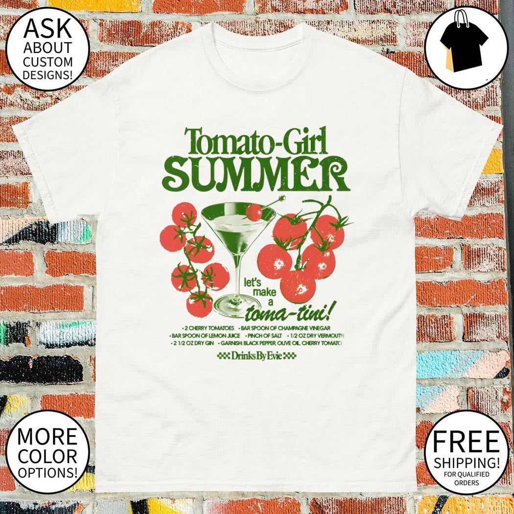 Tomato girl summer let’s make toma-tini 2 cherry tomatoes bar spoon of champagne vinegar shirt