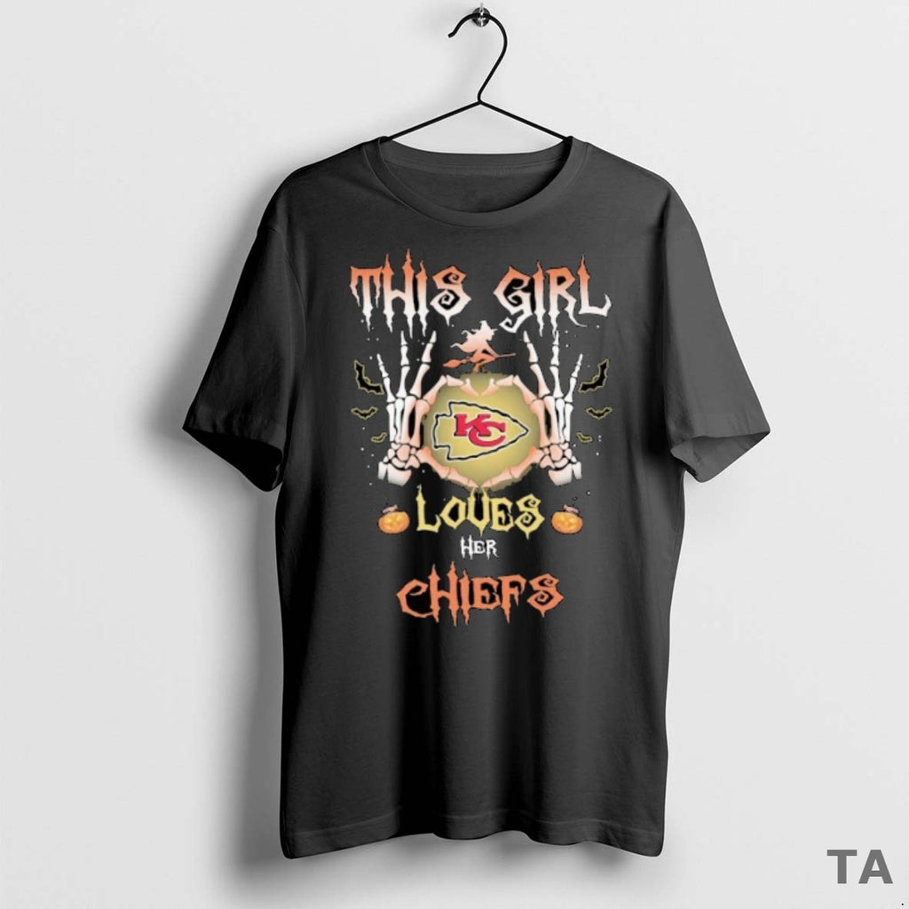 Top This Girl Loves Her Kansas City Chiefs Skeleton Heart Hands Halloween T Shirt Sweater