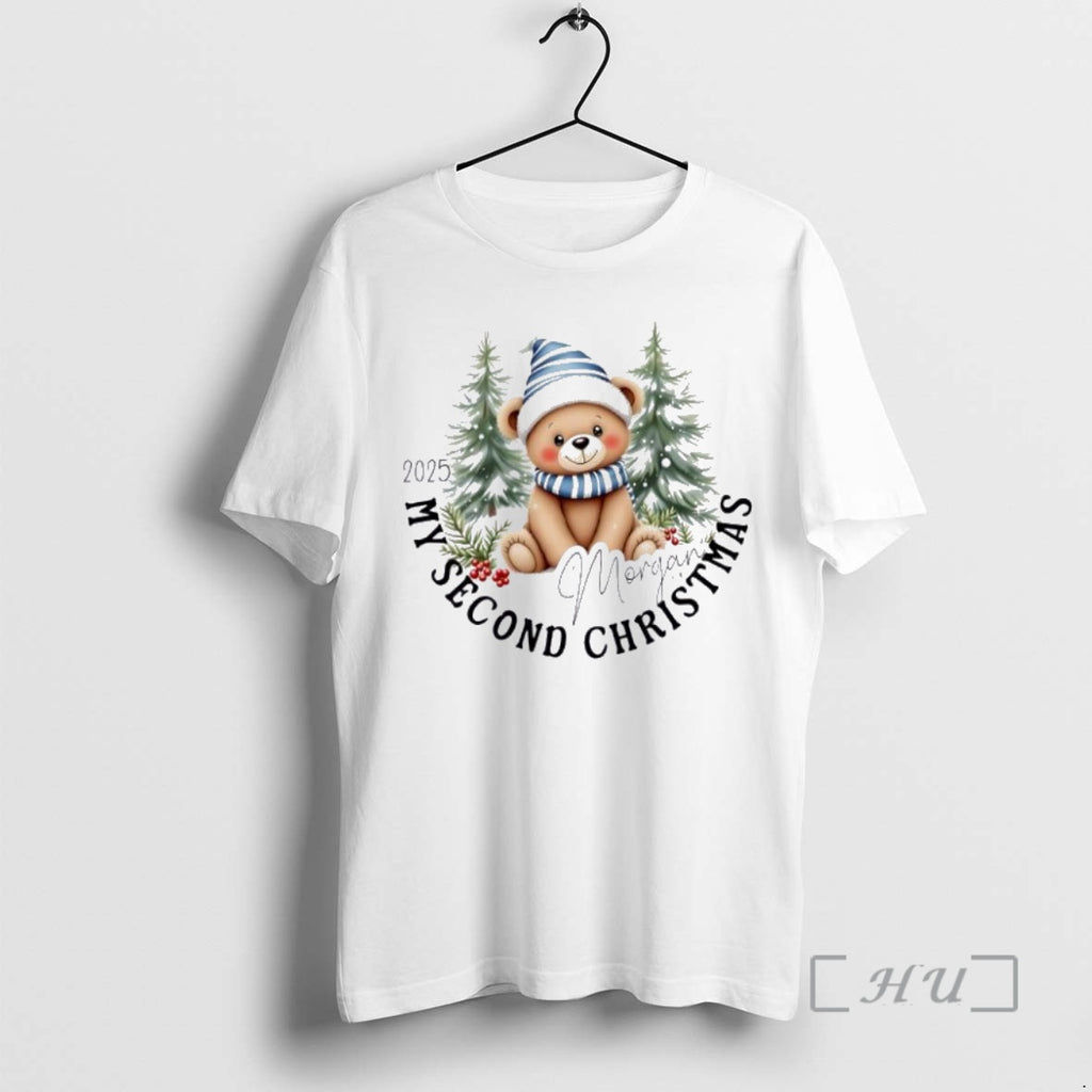 Trending Bear Hat Santa Blue My Second Christmas Cute Personalized Ornaments White Premium T Shirts Hoodie Sweatshirt