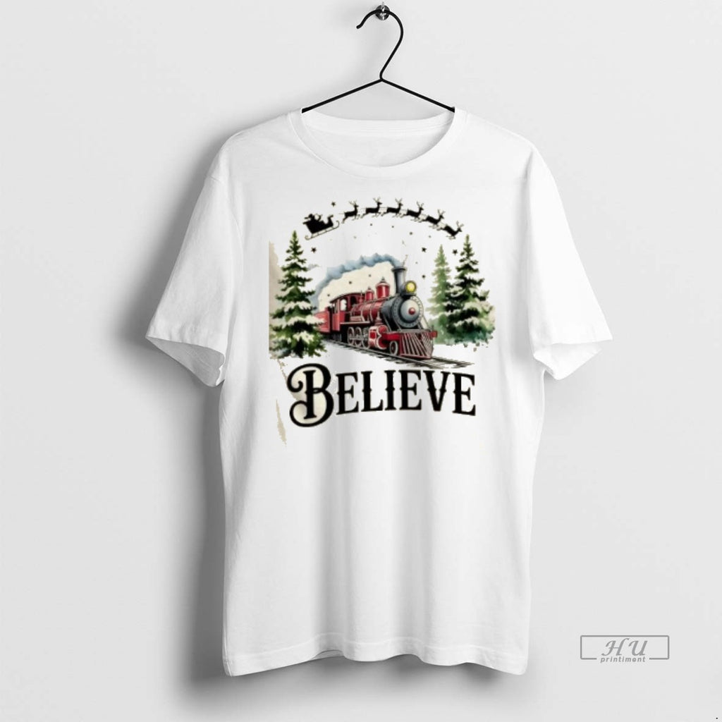 Trending Believe North Pole Train Christmas Festive Graphic Tee Shirt Sweater