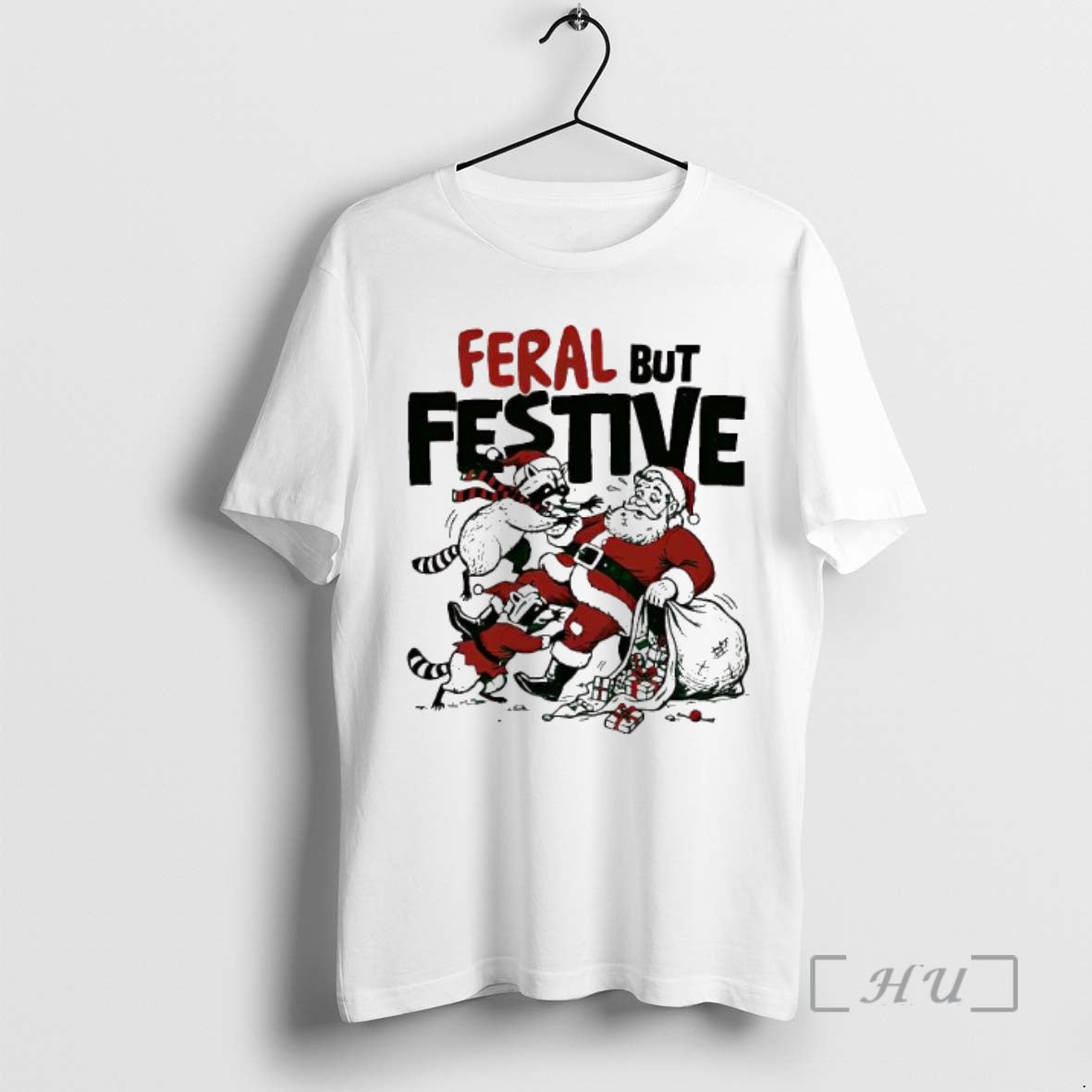 Trending Feral But Festive Raccoons And Santa Claus Shirt Hoodie Sweatshirt | PurePodTees.com