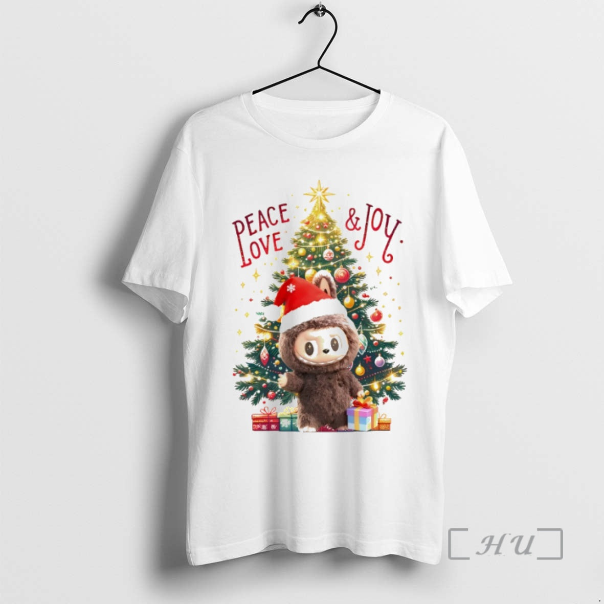Trending Festive Labubu Peace Love Joy Cartoon Christmas Tree Shirt Hoodie Sweatshirt | PurePodTees.com