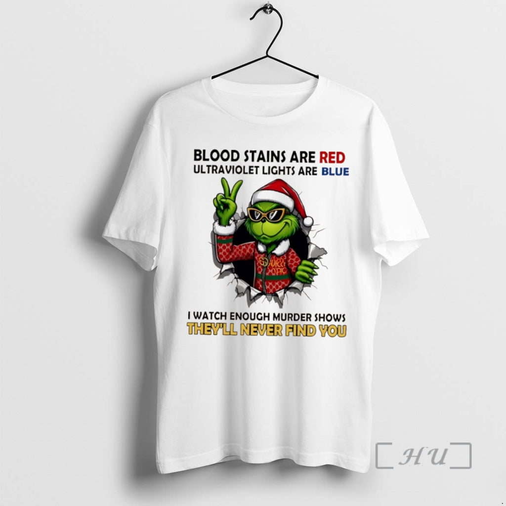 Trending Grinch Christmas Blood Stains Are Red Ultraviolet Lights Are Blue I Watch Enough Murder Shirt Hoodie Sweatshirt