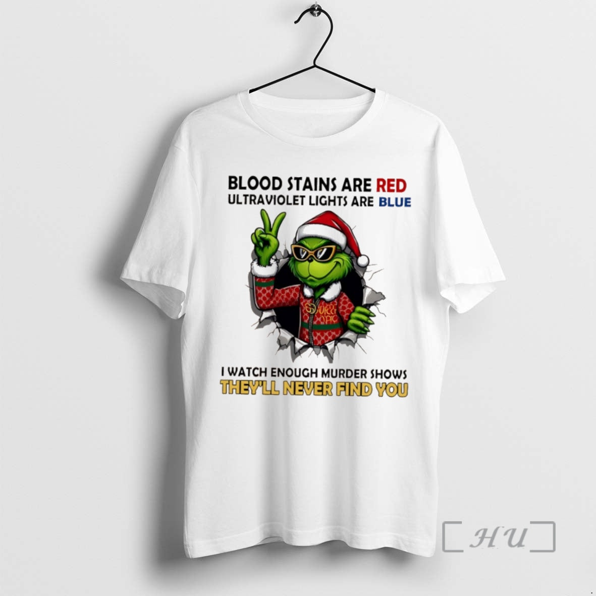 Trending Grinch Christmas Blood Stains Are Red Ultraviolet Lights Are Blue I Watch Enough Murder Shirt Hoodie Sweatshirt