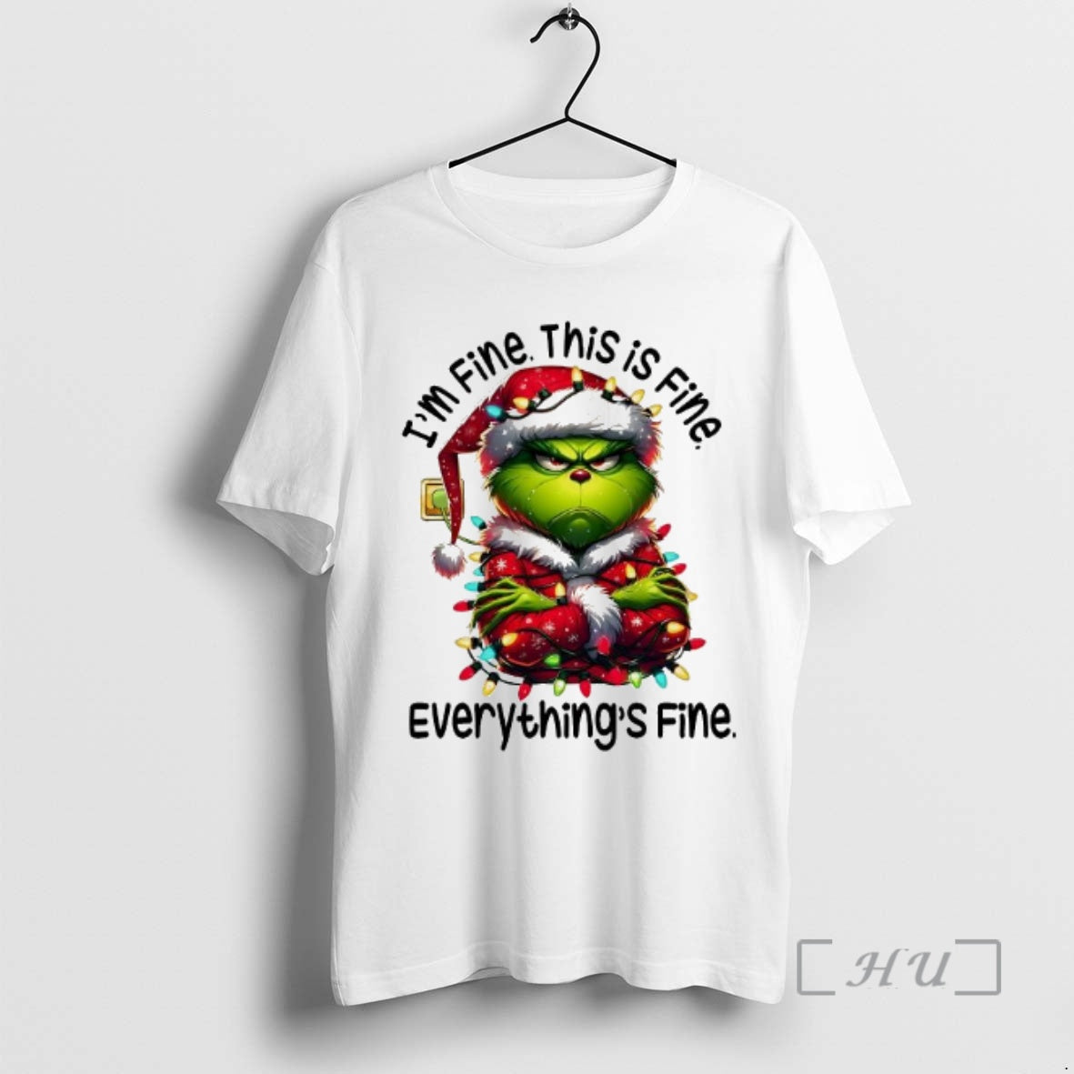 Trending Im Fine This Is Fine Everythings Fine Christmas Lights With Grinch Premium T Shirts Hoodie Sweatshirt