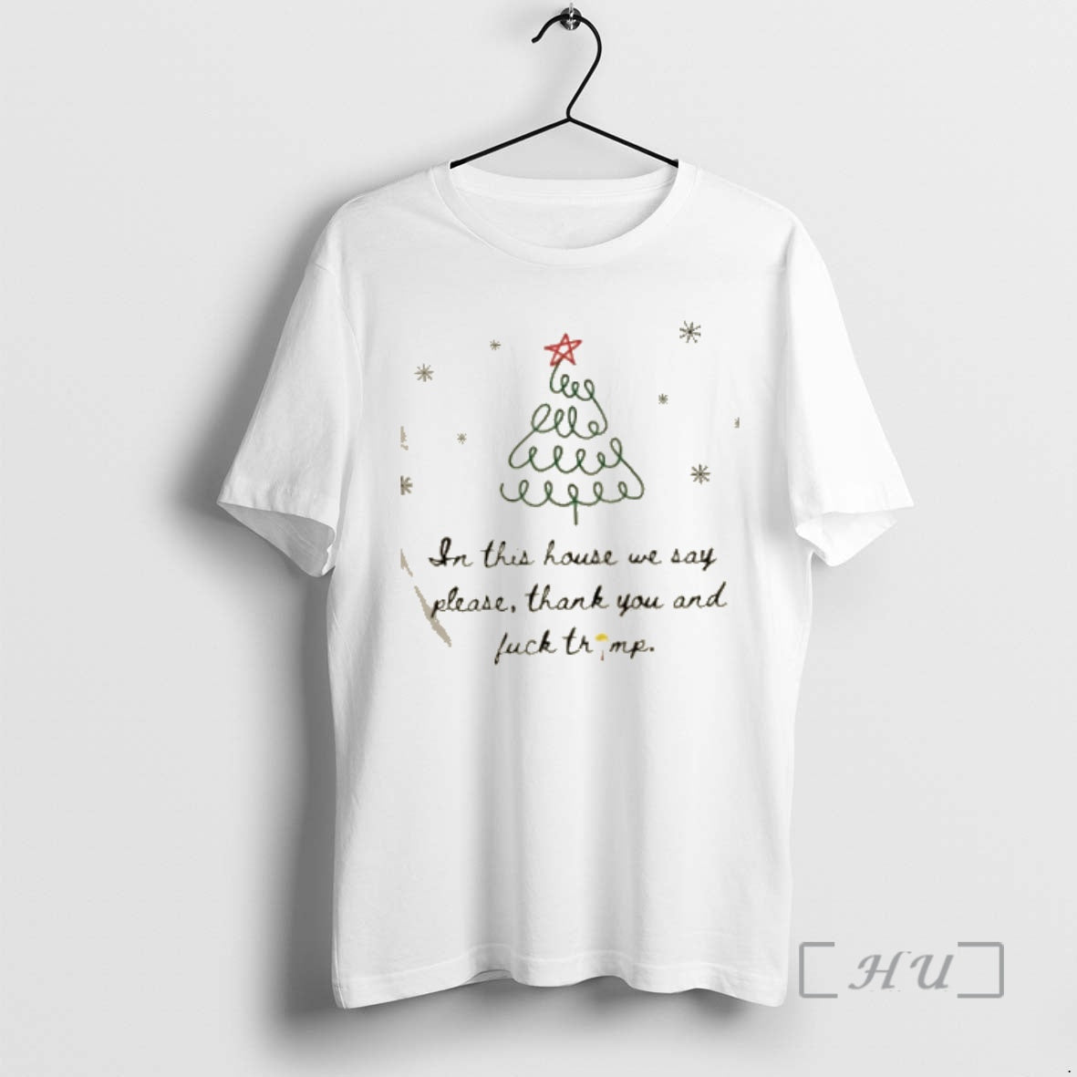 Trending In This House We Say Please Thank You And Fuck Trump Christmas Tree Premium Shirt Hoodie Sweatshirt