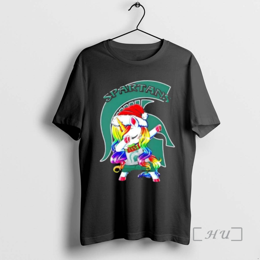 Trending Michigan State Spartans Football X Unicorn Santa Hat Dabbing Merry Christmas Shirt Hoodie Sweatshirt
