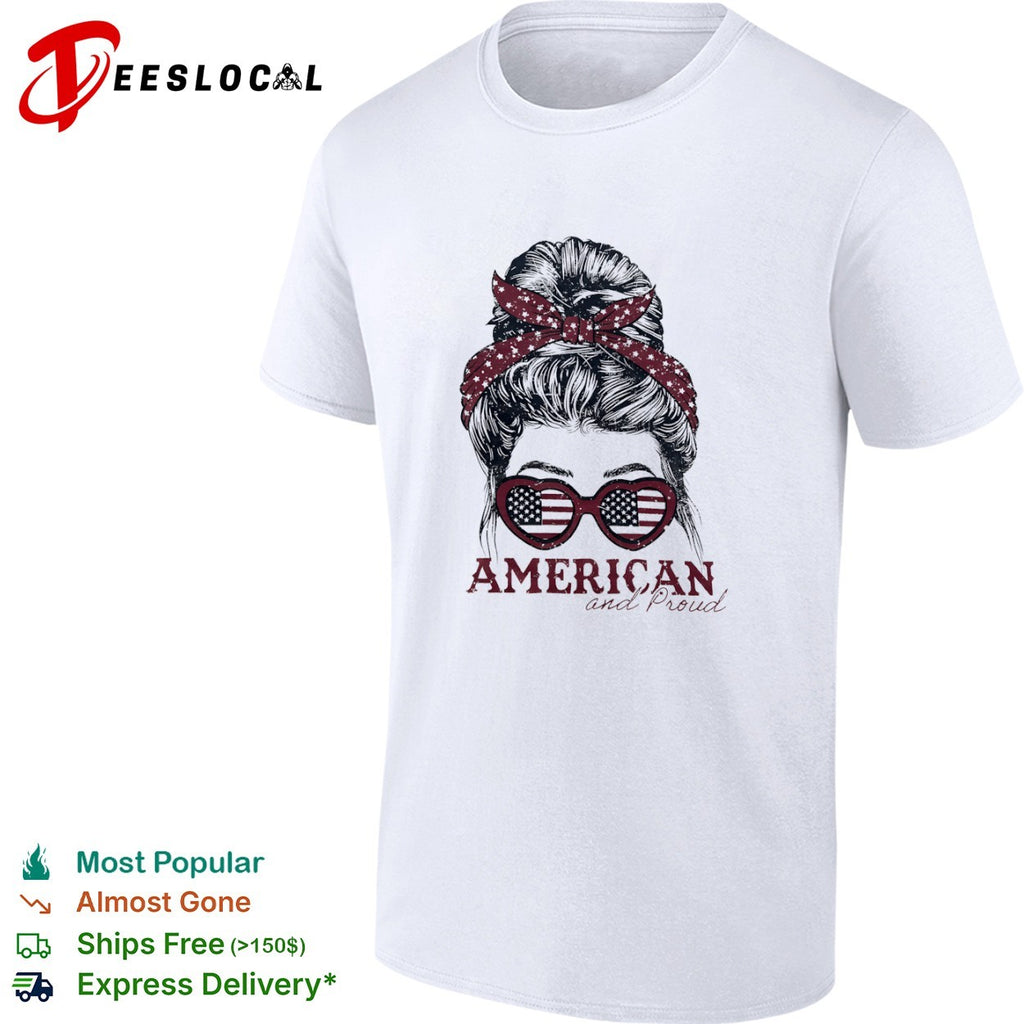 USA messy bun American and proud shirt