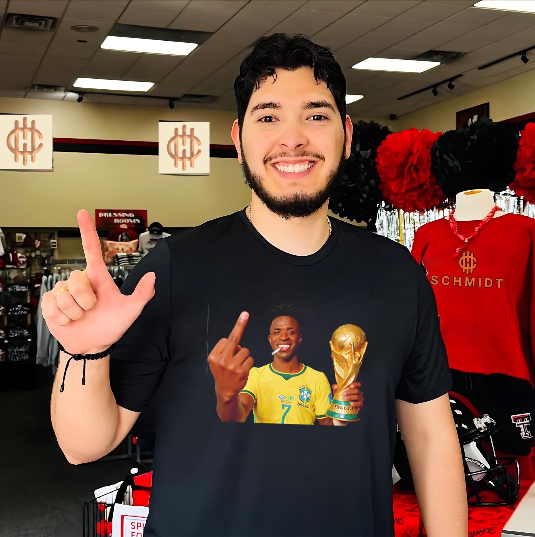 Vinicius Jr smoking holding trophy middle finger 2026 World Cup shirt