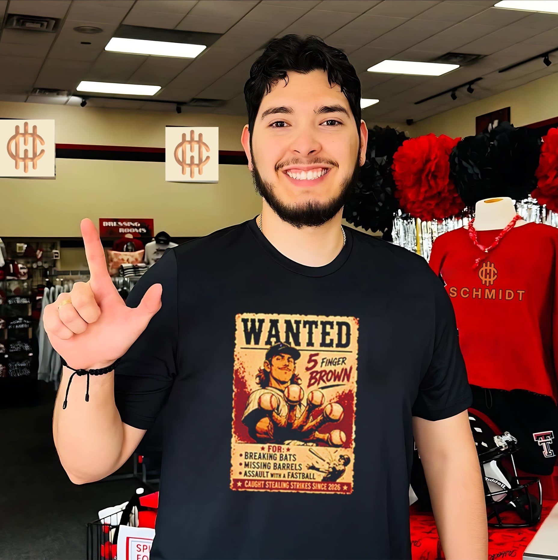 Wanted 5 Finger Brown Baseball shirt