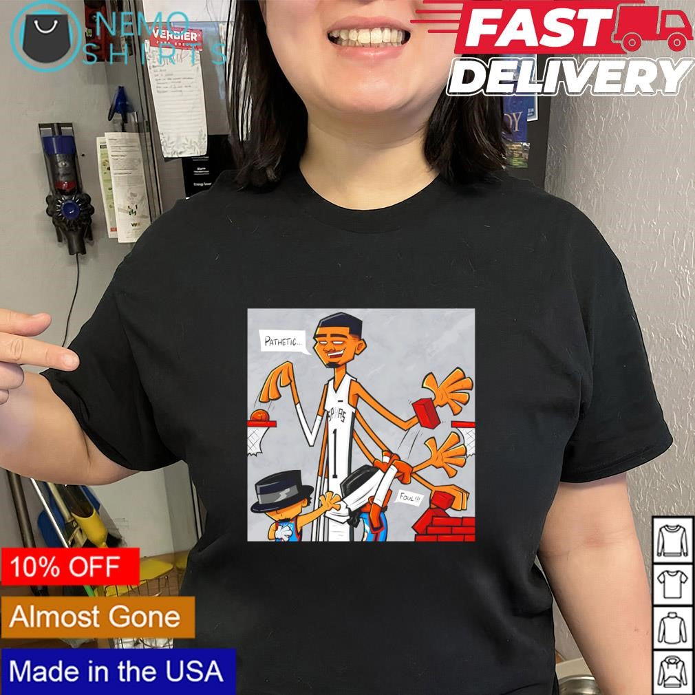 Wemby long arms matchup OKC Thunder players foul shirt
