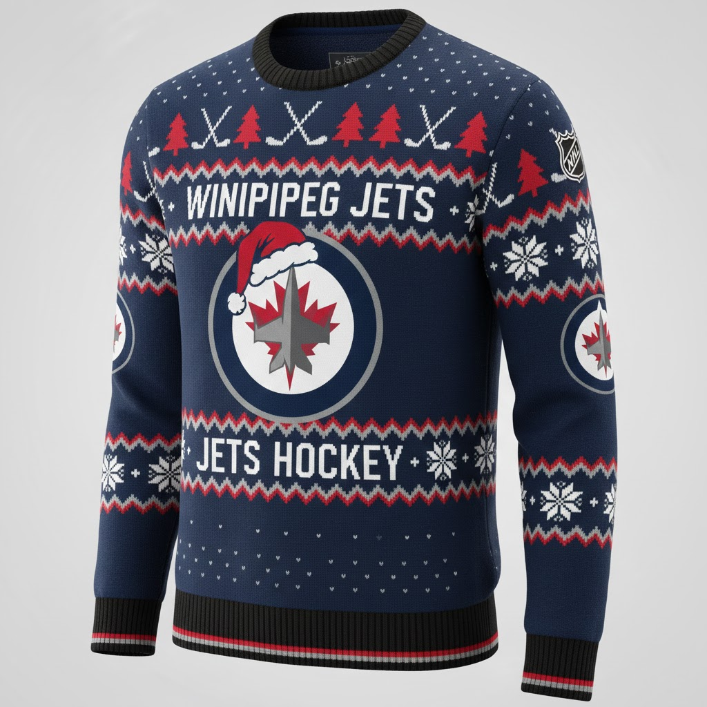 Winnipeg Jets NHL Ugly Christmas Sweater – Navy & Red “Jets” Holiday Knit