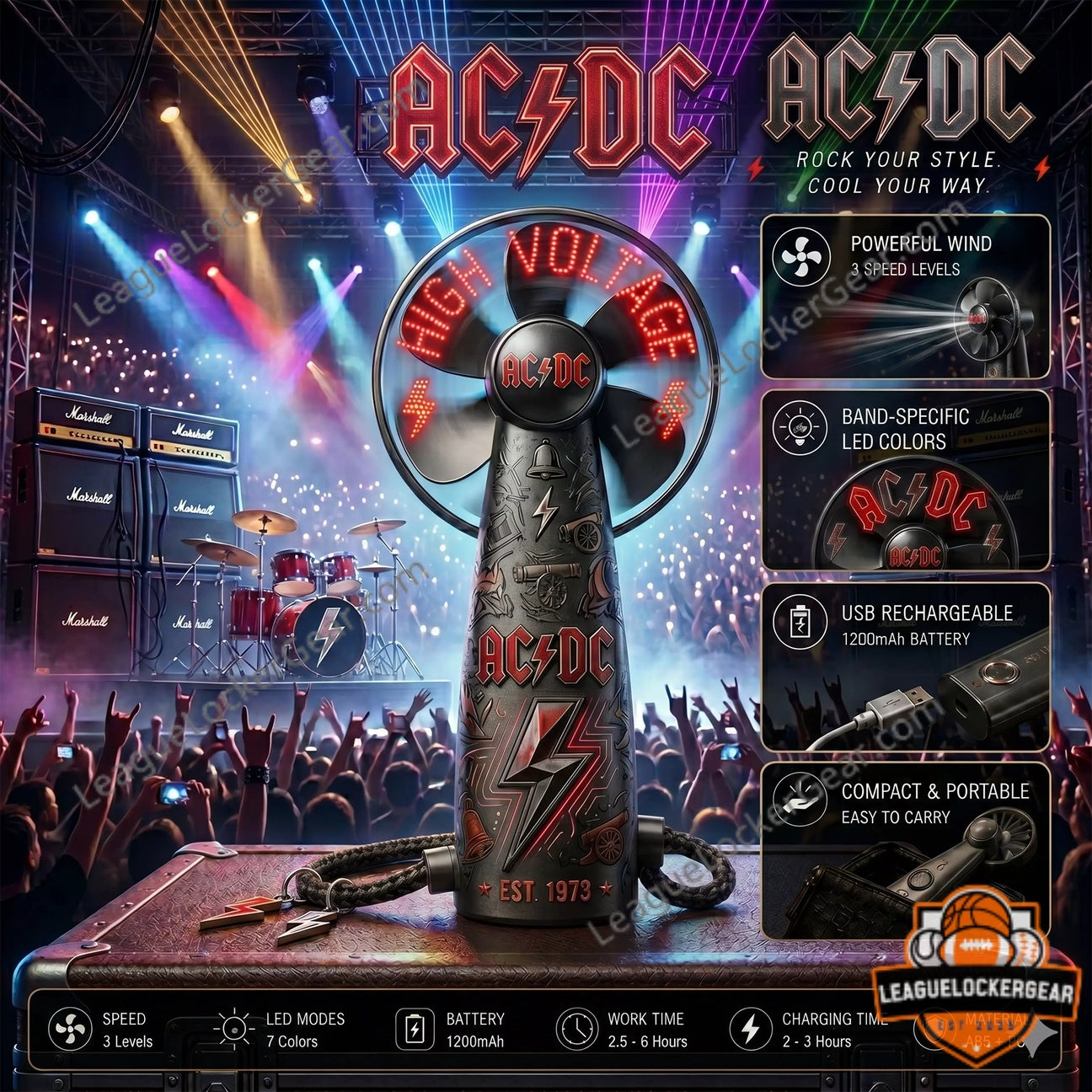 AC/DC High Voltage Est 1973 Led Handheld Fan
