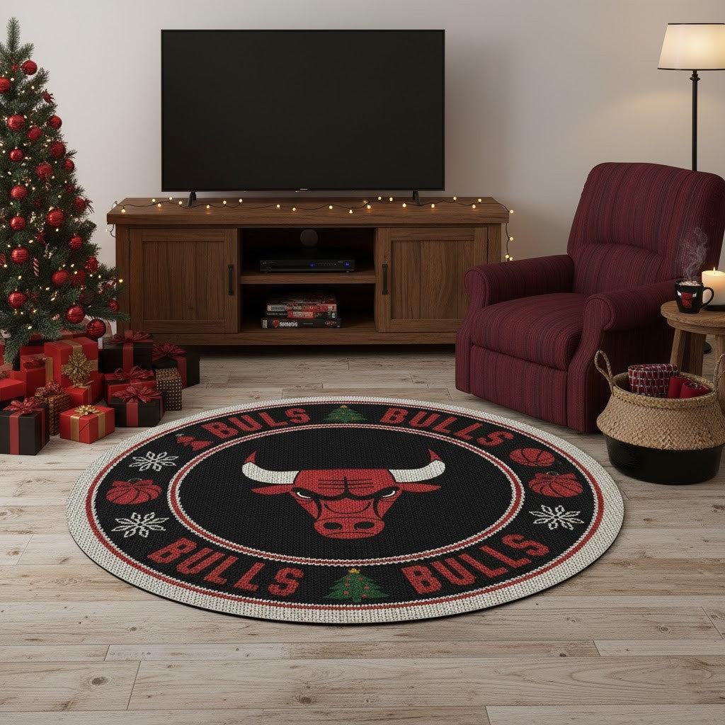 Chicago Bulls Ugly Christmas Round Rug – 27” NBA Holiday Floor Mat