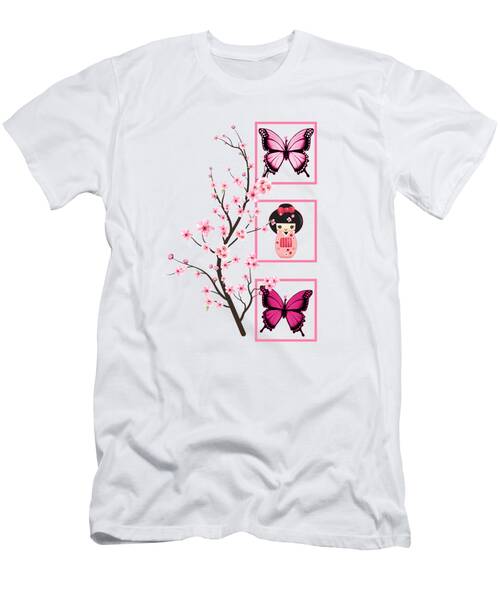 Cherry Blossom Shirt Sakura Kawaii Japanese Doll Pink Butterfly Pop Culture Tee Cherry Blossom Festival Japanese Art Gift T-shirt T-Shirt