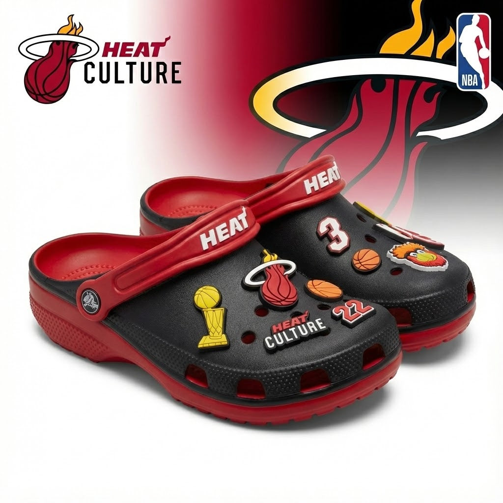 Miami Heat NBA Crocs Clogs – “Heat Culture” Black Red Intense Jibbitz Set