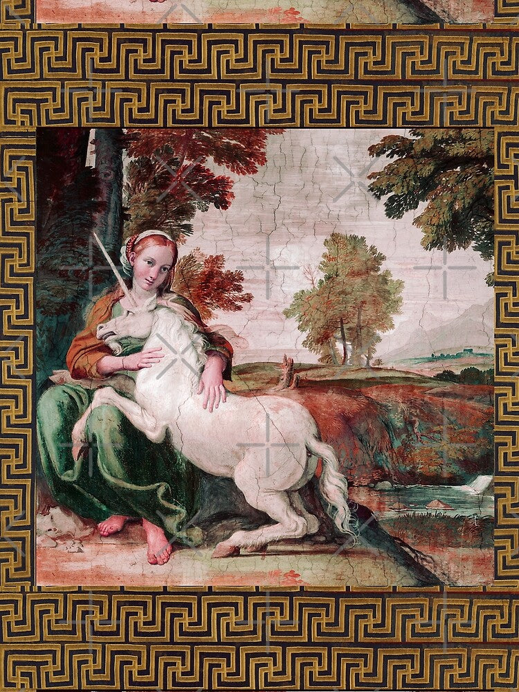THE MAIDEN AND THE UNICORN IN LANDSCAPE Red Green Hues by BulganLumini