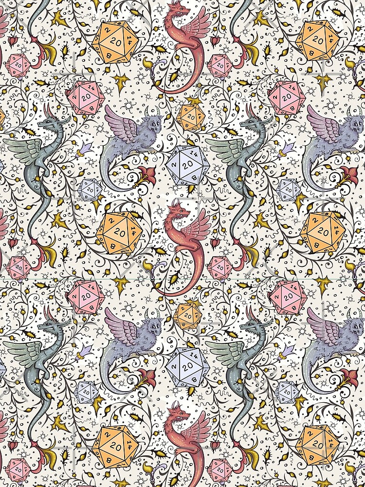 VINTAGE MEDIEVAL DRAGON AND D20 DICE, Dnd pattern, floral, blue, yellow, pink by DungeonAtelier