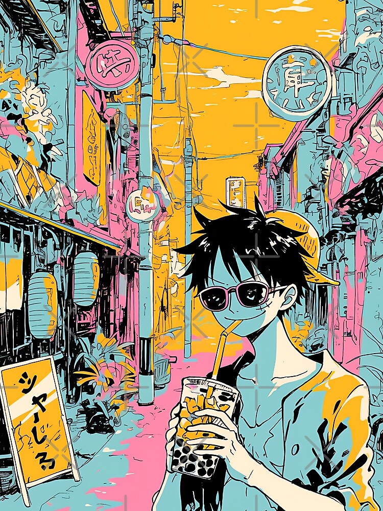 Straw Hat Teen Pirate Rubber Man Anime x Boba Vaporwave by AnimeArsenalPrints