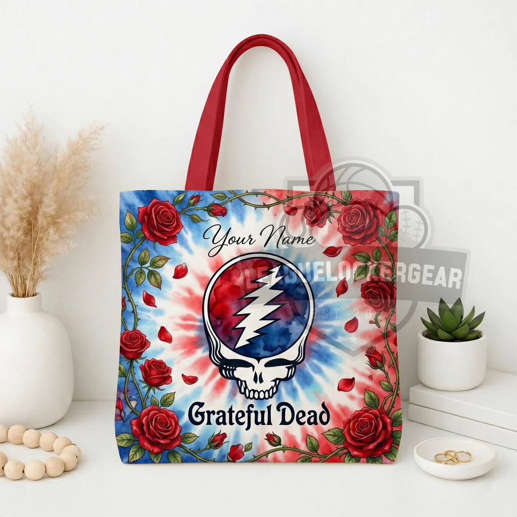 Grateful Dead Personalized Skull and Roses Tie Dye Tote Bag