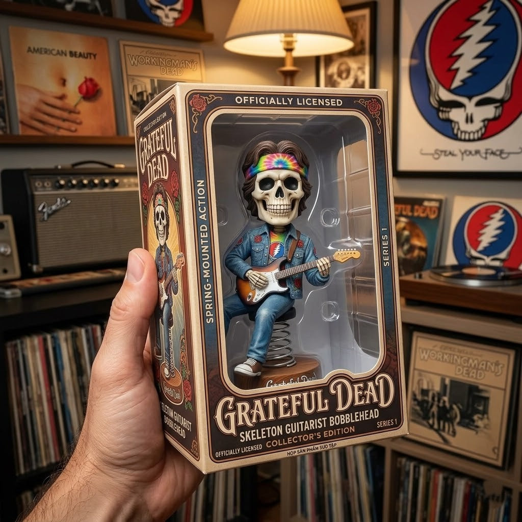 Grateful Dead Skeleton Playing Guitar Tie-Dye Dashboard Bobblehead