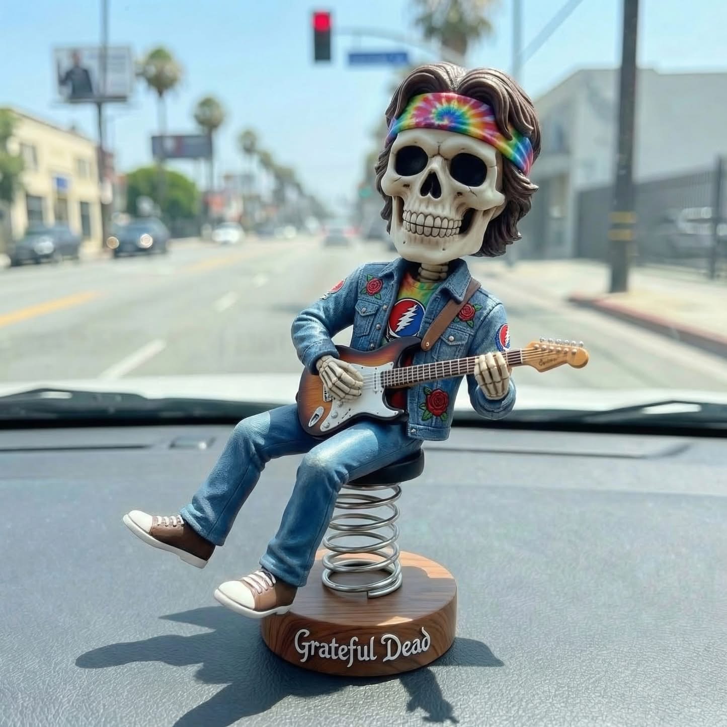 Grateful Dead Skeleton Playing Guitar Tie-Dye Dashboard Bobblehead
