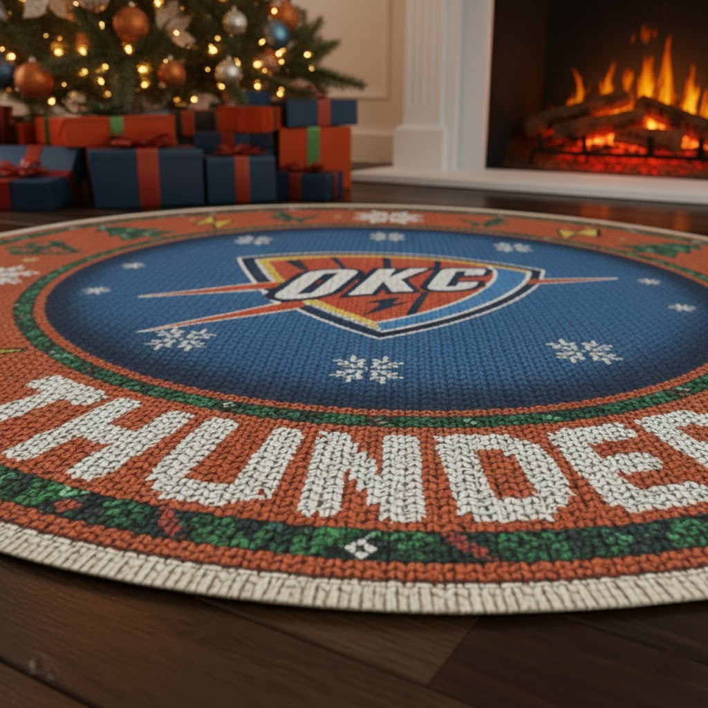 Oklahoma City Thunder Ugly Christmas Round Rug – 27” NBA Holiday Round Floor Decor