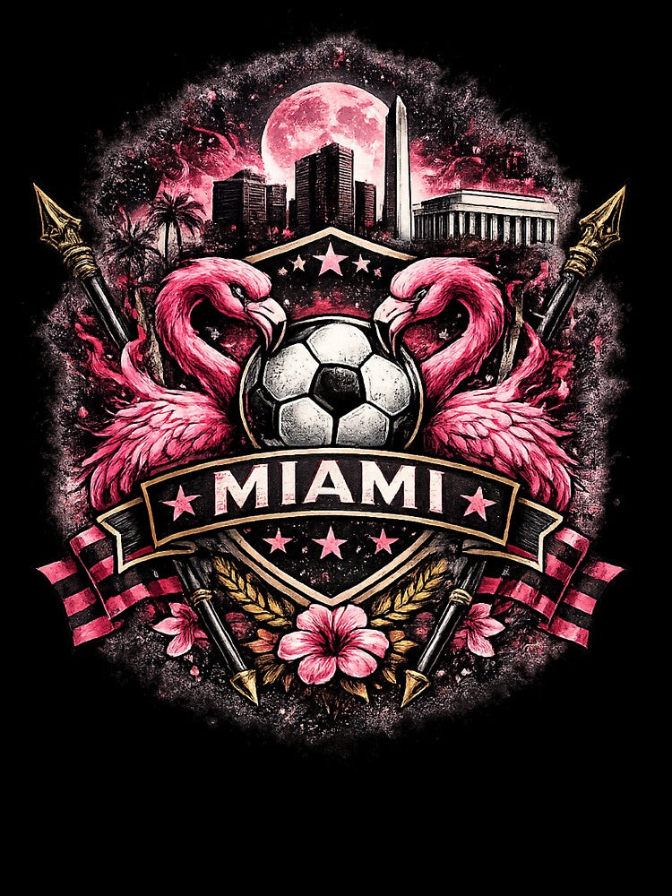 Miami Football Crest Design – Flamingo Soccer Artwork, Pink City Skyline Graphic, Miami Fan Apparel, USA Sports Crest Design by GarnerSupplyCo