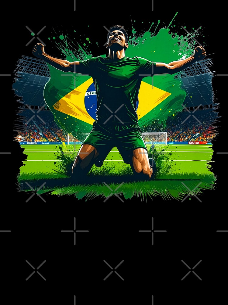 Brazil Soccer Player Celebration. Brazilian flag football fan kneeling goal celebration on the pitch. Brazil supporter design for soccer lovers, football fans, players and team spirit gifts. by icemanphotos