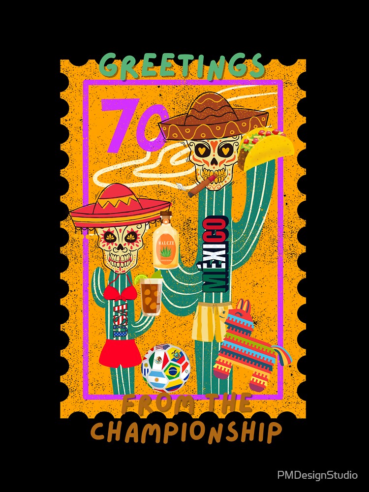 Greetings From 70s Mexico Retro Soccer Fan Skeleton Vintage Travel Style Tee by PMDesignStudio