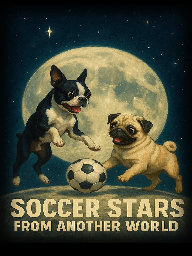 Soccer Stars from Another World – Boston Terrier & Pug Moon Match by HaHaHorror