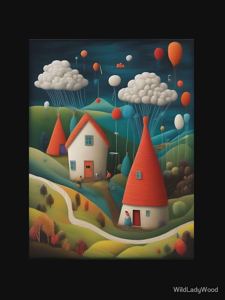 Cotton spun clouds and village scene by WildLadyWood